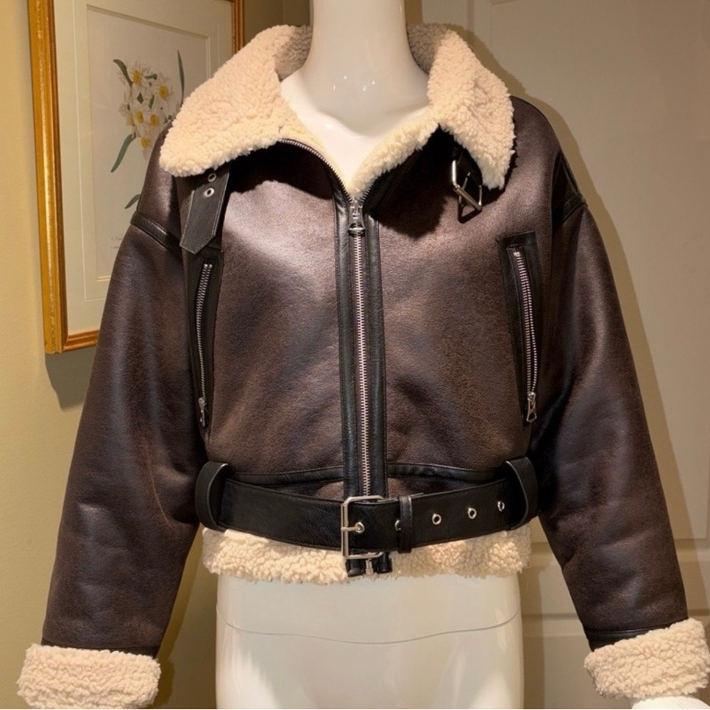 Zara Brown Leather Jacket with Cream Shearling